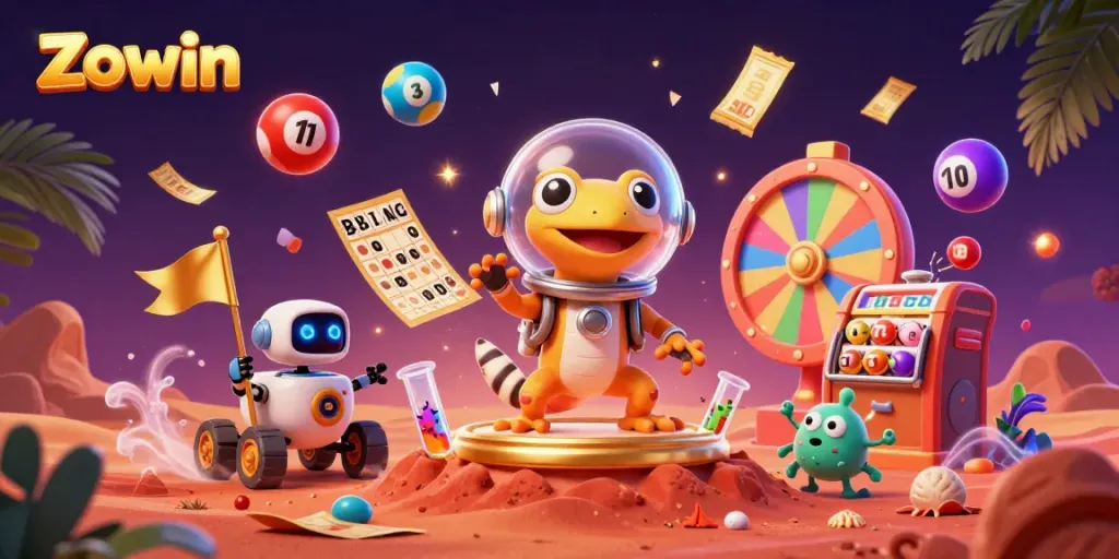 Zowin invites you to explore vibrant casino adventures with a Martian gecko in a golden wonderland.