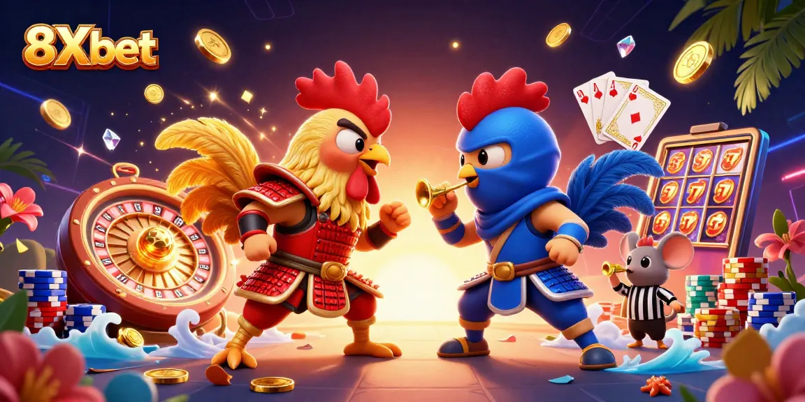 Engage with thrilling action featuring 8Xbet's dynamic casino scene showcasing epic roosters and vibrant games.