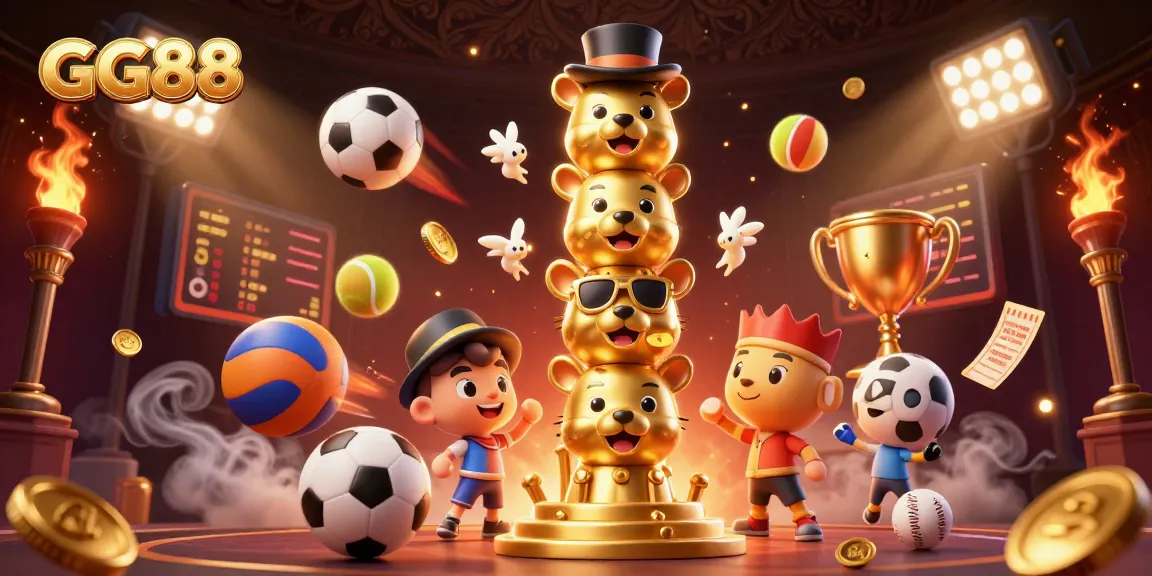 Engage in thrilling gaming adventures with GG88's dynamic 3D casino illustration featuring lively game elements.