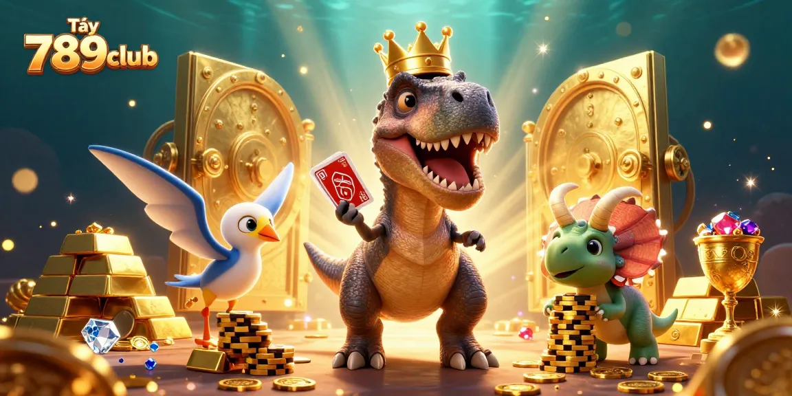 Experience a thrilling card game with Tải 789club featuring a T-Rex, pterodactyl, and triceratops.