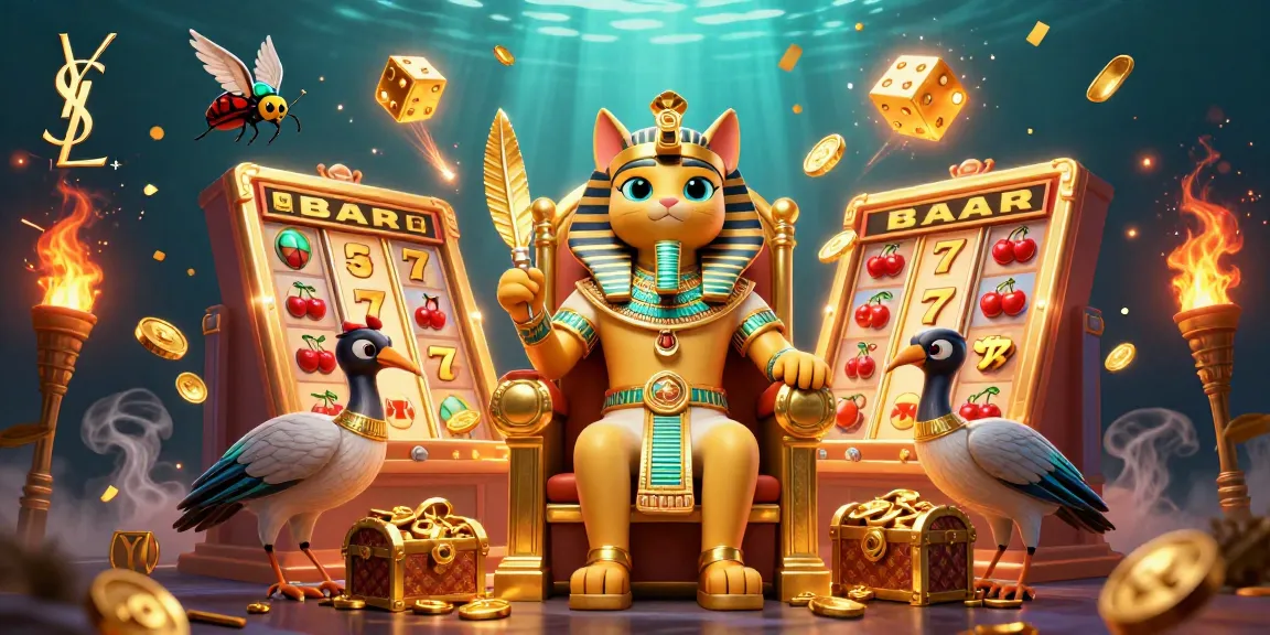Experience thrilling ysl slot gameplay with a pharaoh cat and treasures in this vibrant scene.
