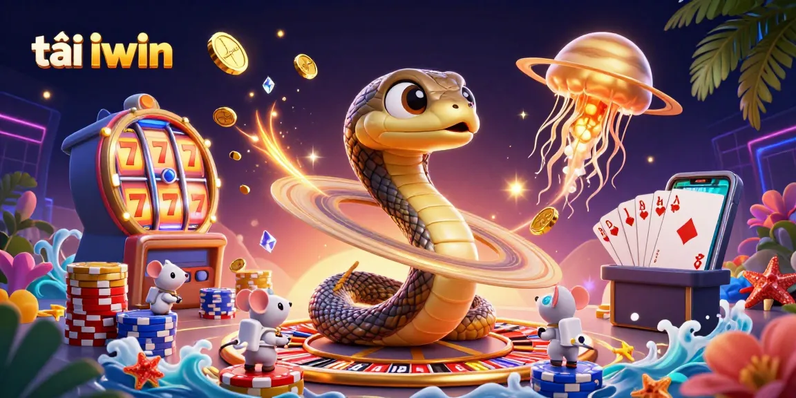Tải iwin with a Saturn ring snake roulette, astronaut mice betting on vibrant slot reels.