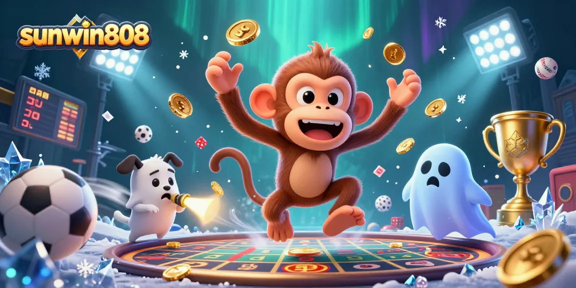Engage with sunwin808 as a poltergeist monkey juggles gold coins in a haunted casino scene.