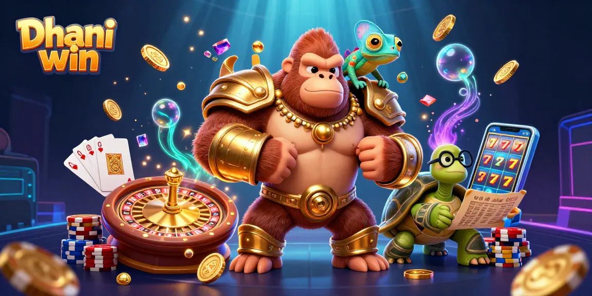 Dhani win illustration showing a gorilla king, chameleon companion, and tortoise elder amidst vibrant casino elements.