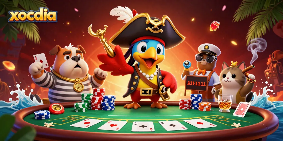 xocdia captures the excitement of a lively casino scene featuring a vibrant poker scene with characters and decorations.