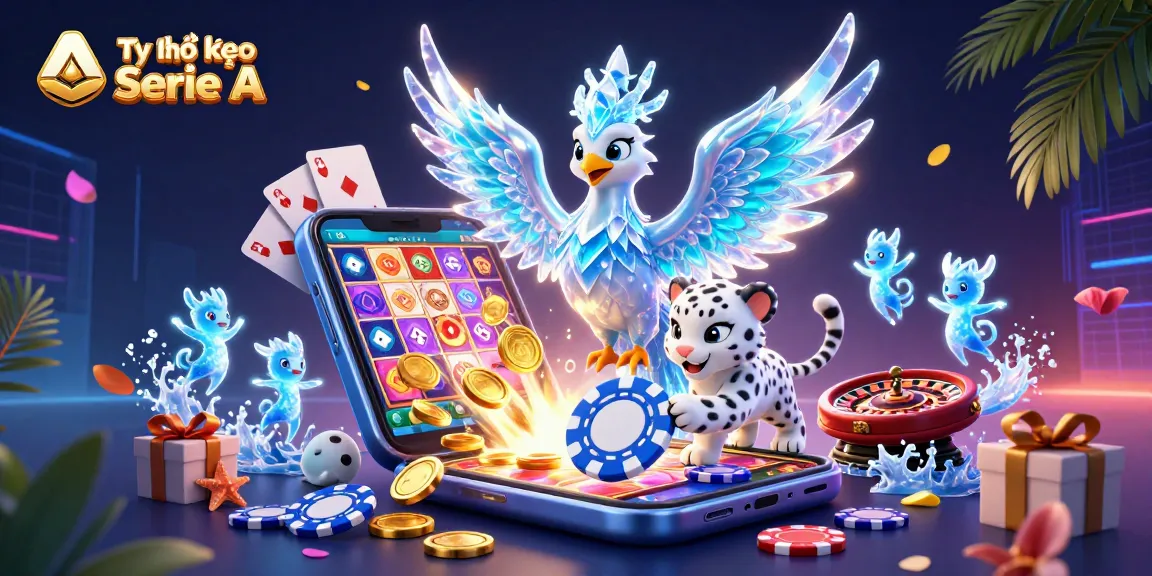 Tỷ lệ kèo Serie A showcases an ice phoenix and snow leopard cub surrounded by vibrant casino elements.