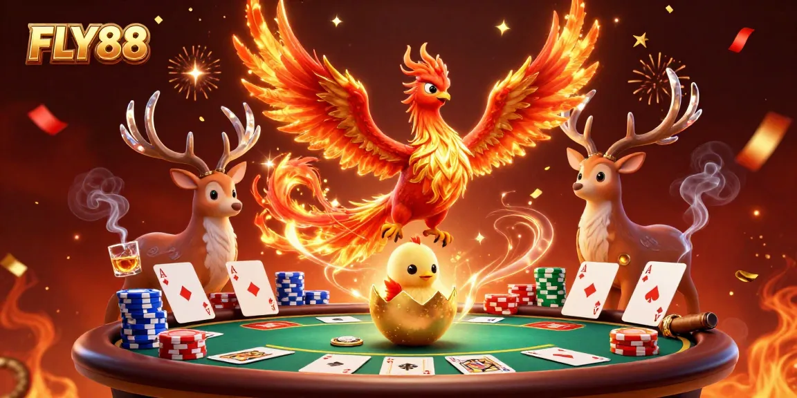 Win big at FLY88 with an exciting 3D illustration of poker and mythical creatures.