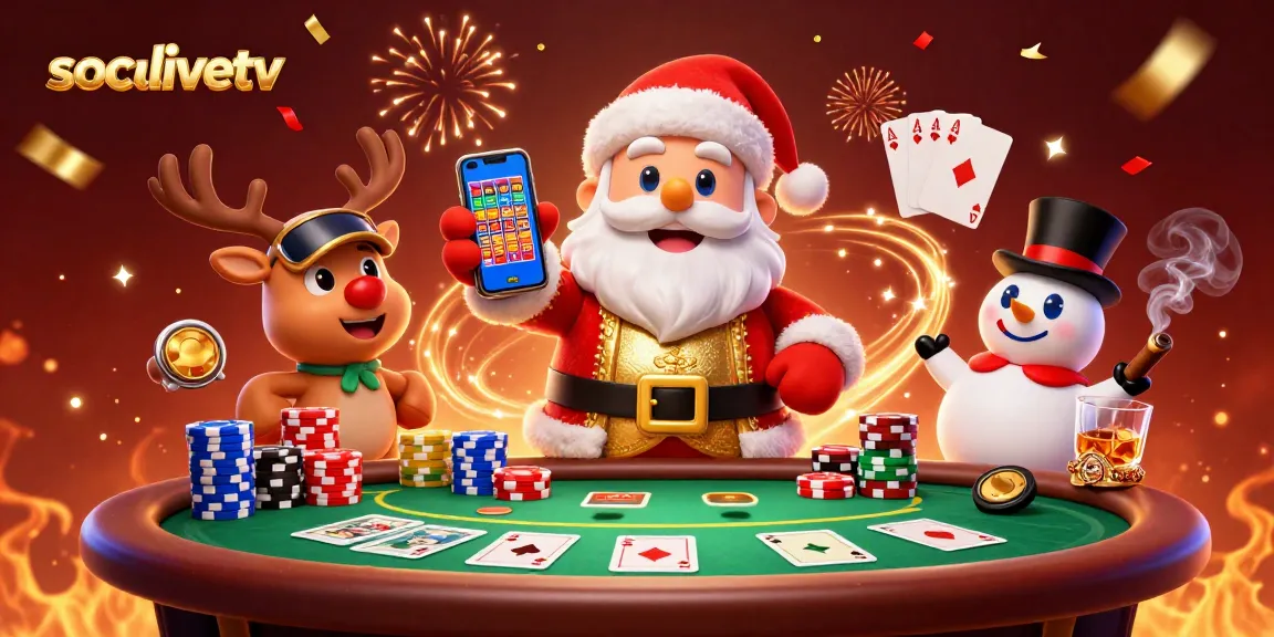 socolivetv Santa Claus celebrates with jackpot slots and a festive casino scene.